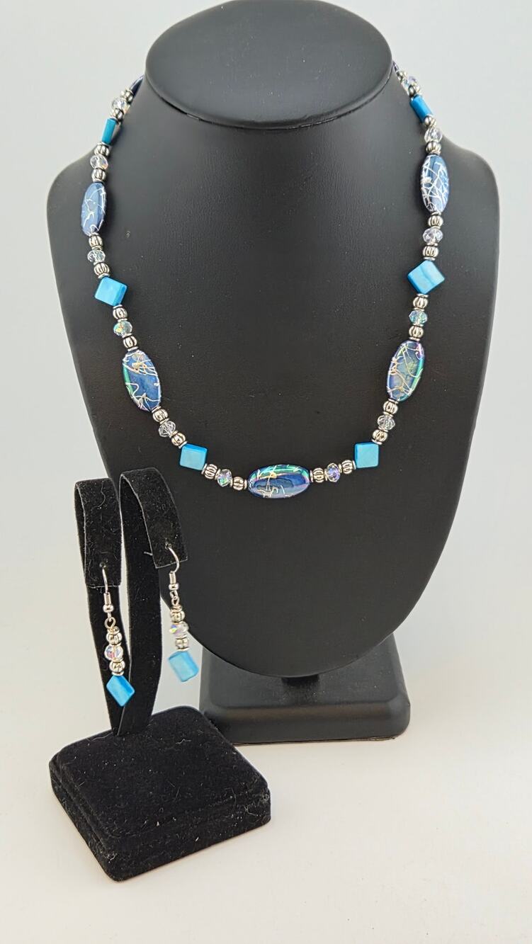 Blue Purple Marbled Bead Necklace & Earring Set Handmade 18 In